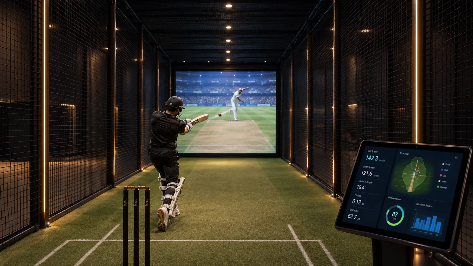 A batter training inside a StanceBeam cricket cage simulator with a live LED screen, sensor tracking and a stats console