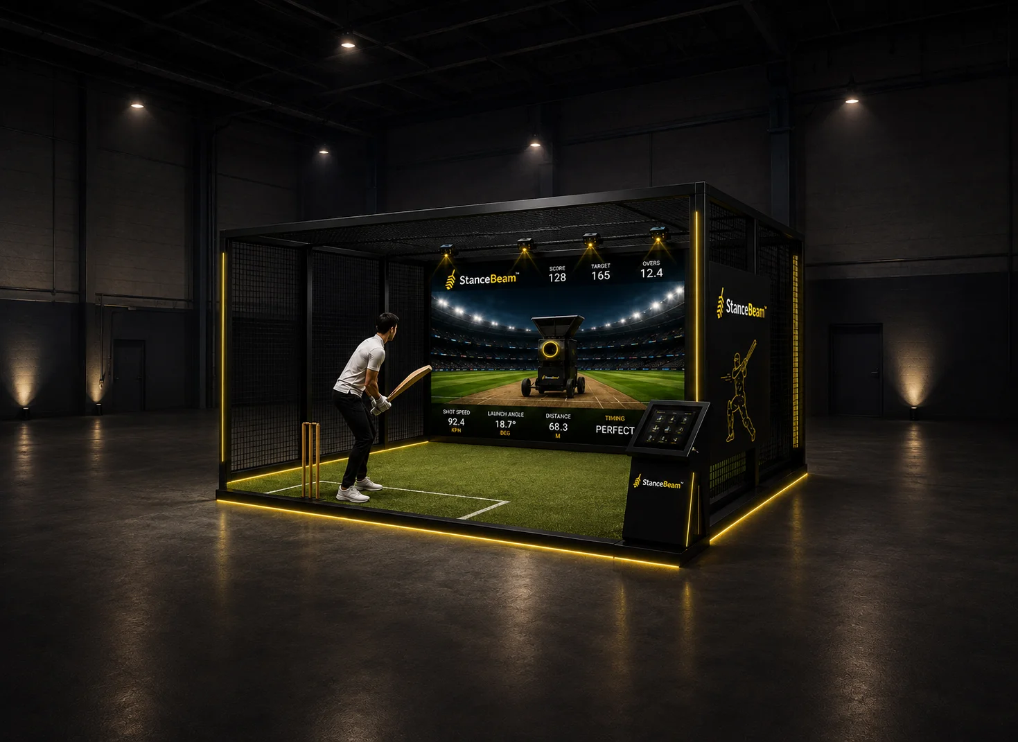 A batter training inside a StanceBeam cricket cage simulator with a live LED screen, sensor tracking and a stats console