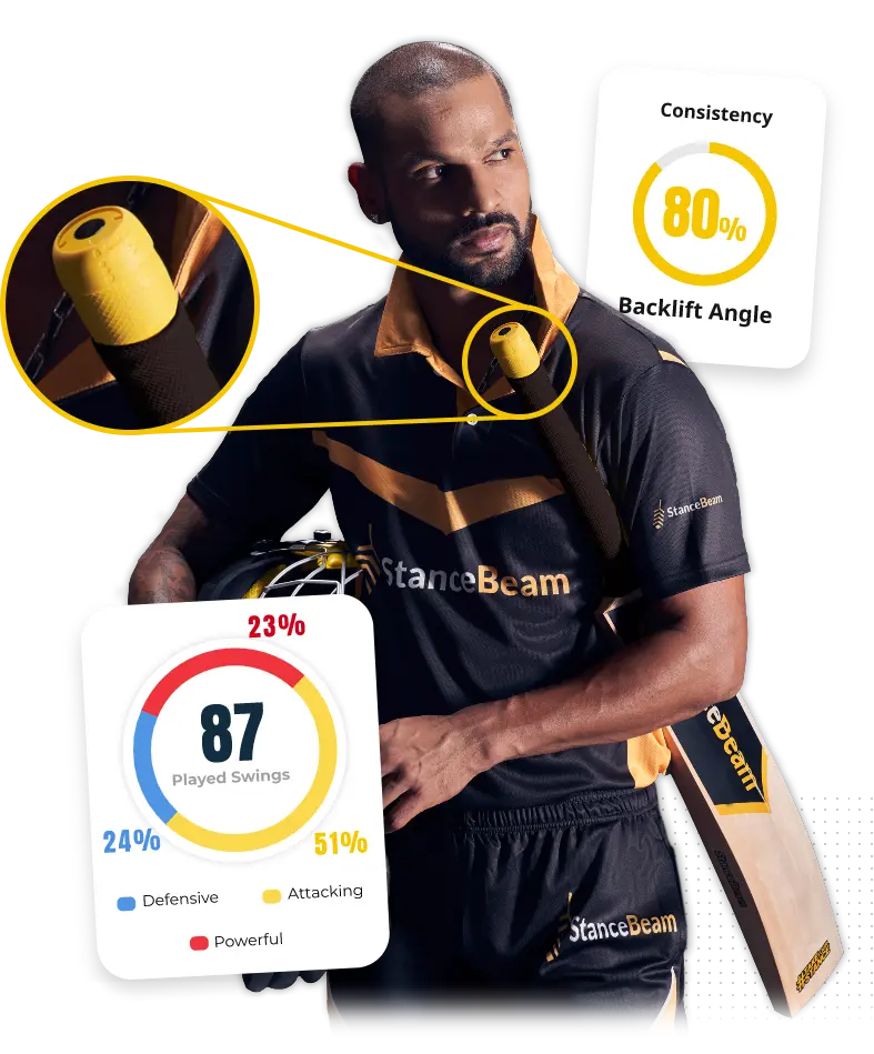 Shikhar Dhawan holding a bat with StanceBeam Cricket Bat Sensor